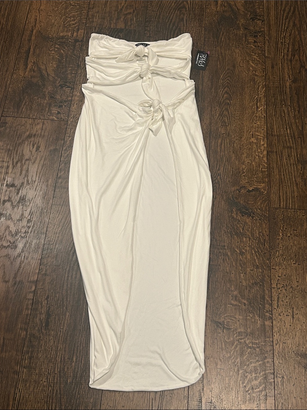 Hot Miami Styles White Strapless Tie Up Cut Out Slit Midi Dress (NWT)